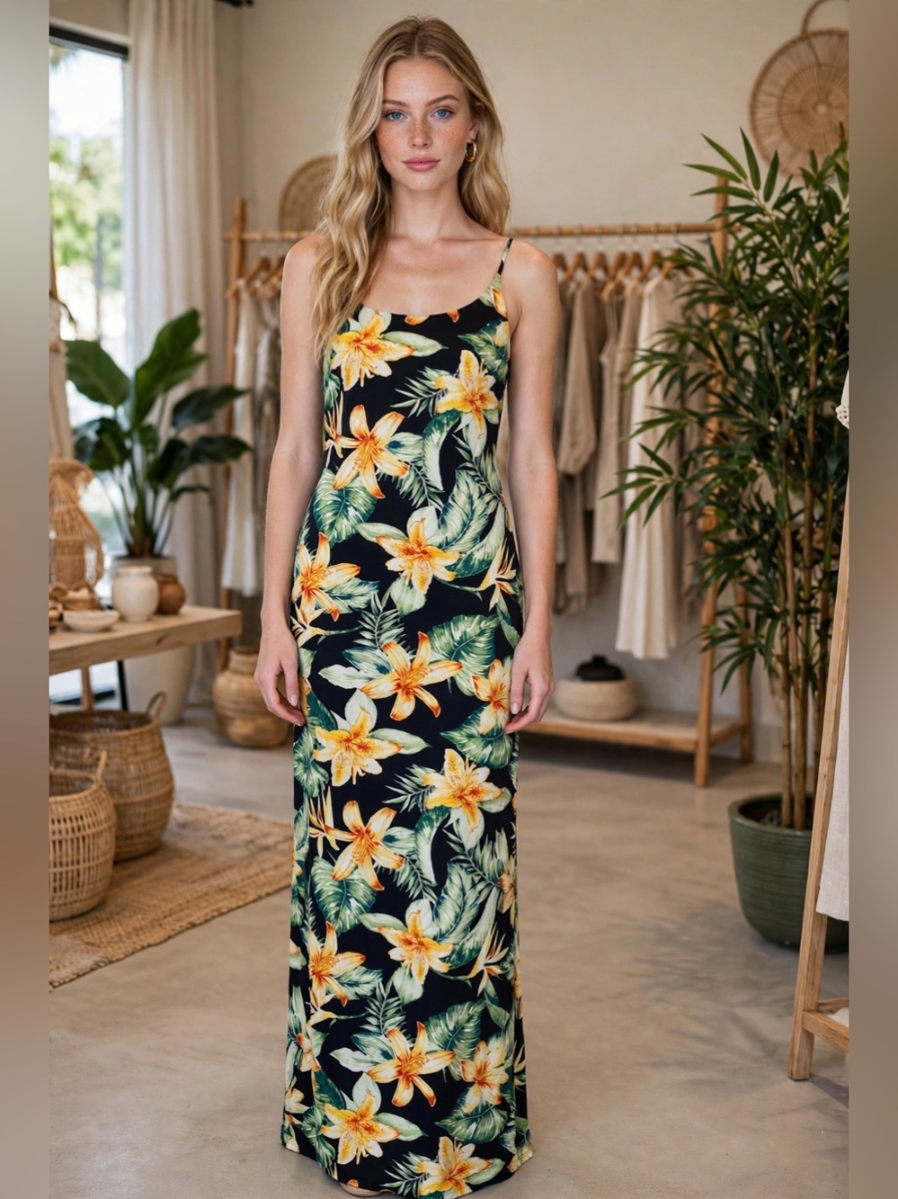 Iris Tropical Floral Maxi Dress - Yellow and Green